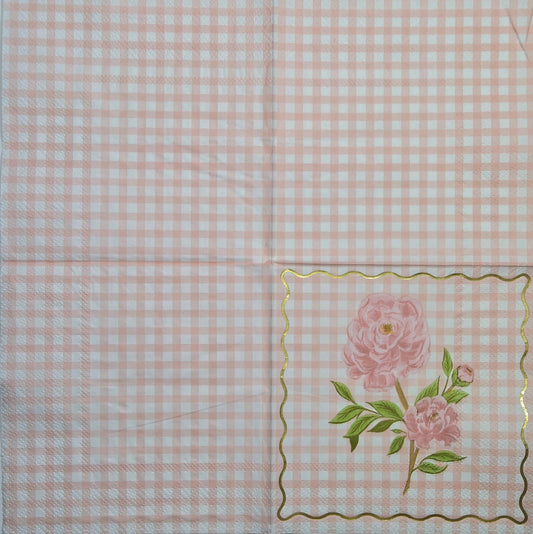 TWO Individual Paper Cocktail Decoupage Napkins- 2815 Romantic Pink Floral Check