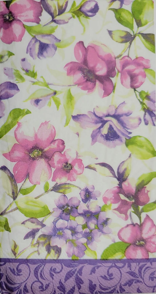 TWO Individual Paper Guest Decoupage Napkins- 2413 Purple Border Floral Blossoms