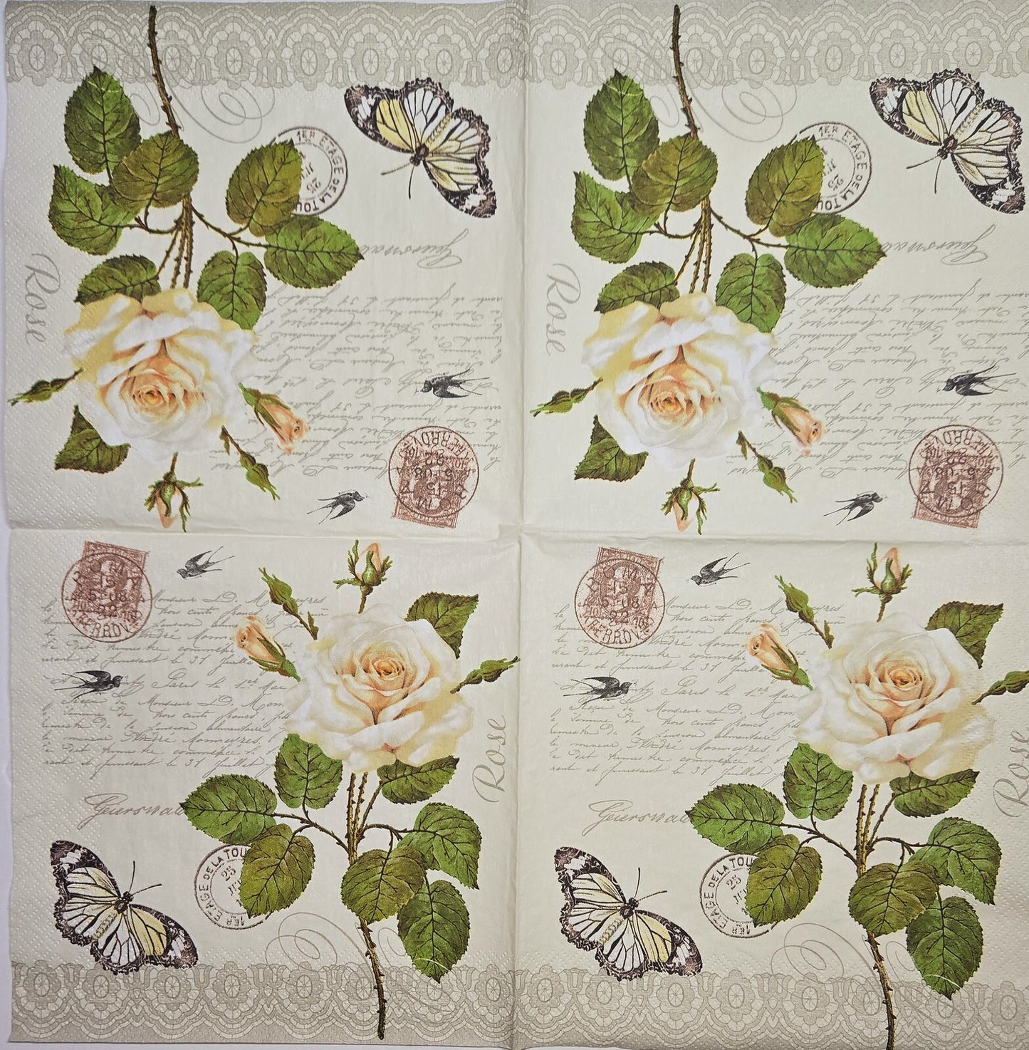 TWO Individual Paper Lunch Decoupage Napkins - 2797 Vintage Rose Twig Butterfly