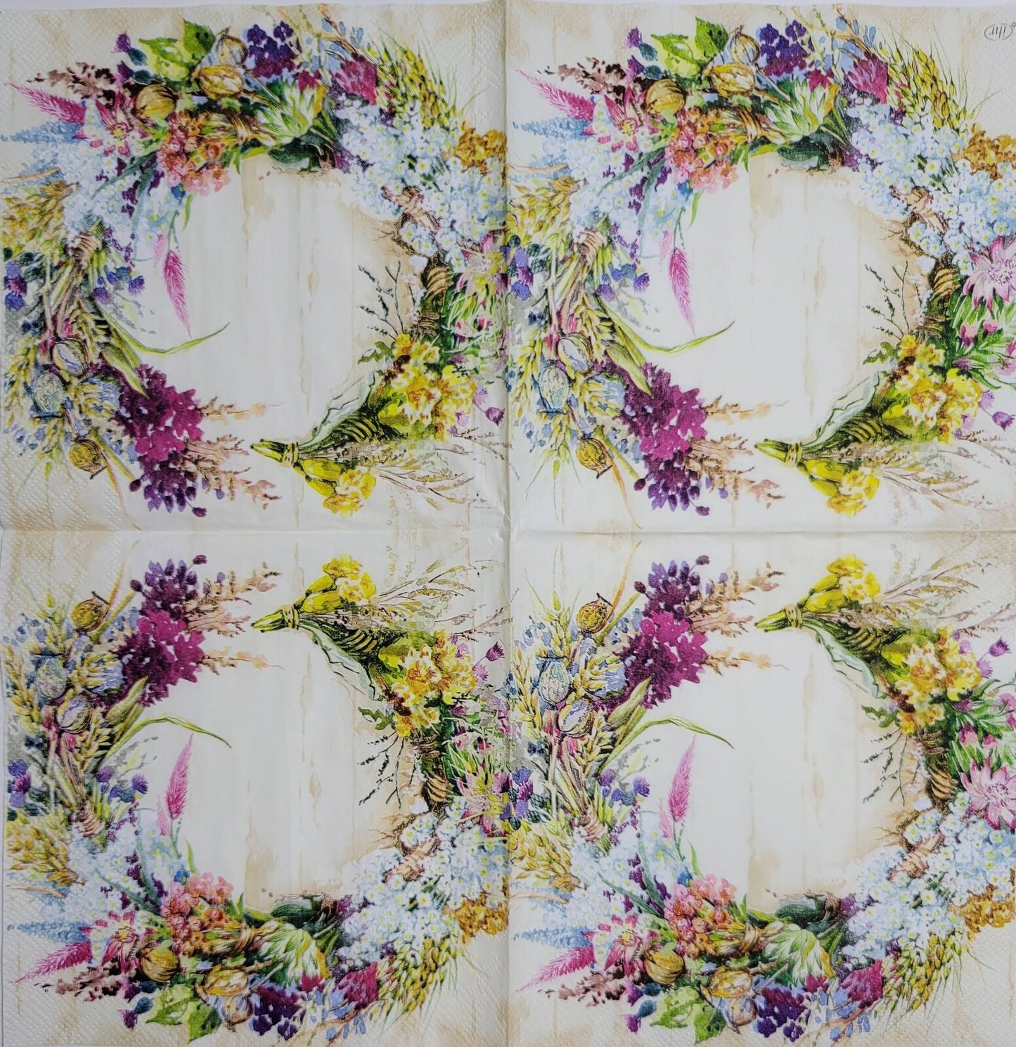 TWO Individual Paper Lunch Decoupage Napkins - 2400 Klara's Floral Cream Wreath