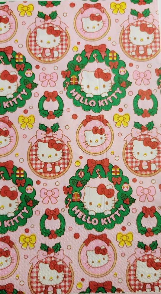 TWO Individual Paper Guest Decoupage Napkins- 2527 Christmas Hello Kitty Wreaths