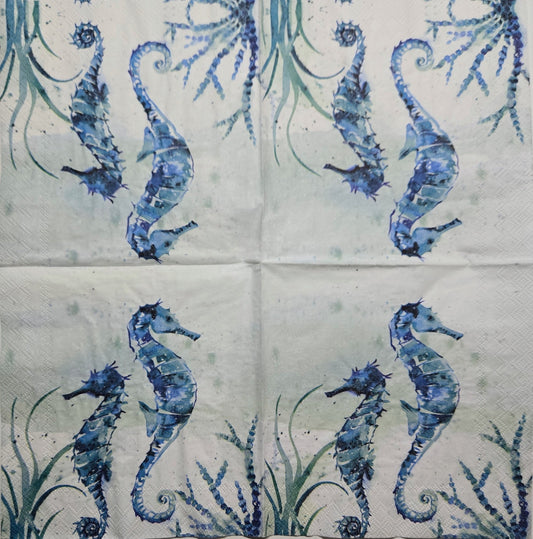 TWO Individual Paper Cocktail Decoupage Napkins- 2779 Aquaworld Blue Sea Horses