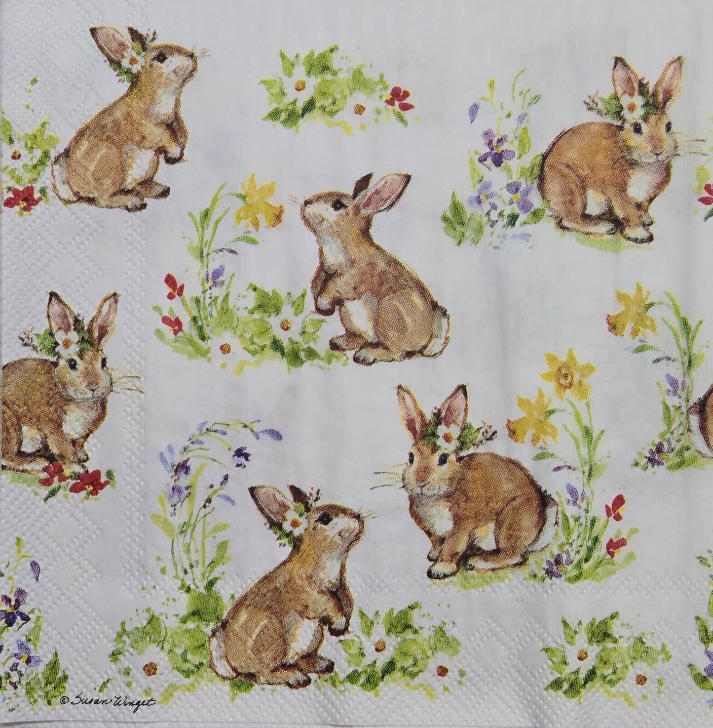 TWO Individual Paper Cocktail Decoupage Napkins - 2613 Garden Bunny Poses