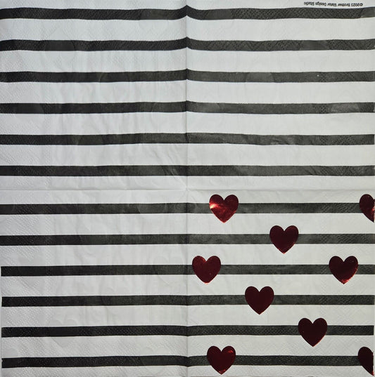 TWO Individual Paper Cocktail Decoupage Napkins - 2573 Striped Foil Hearts