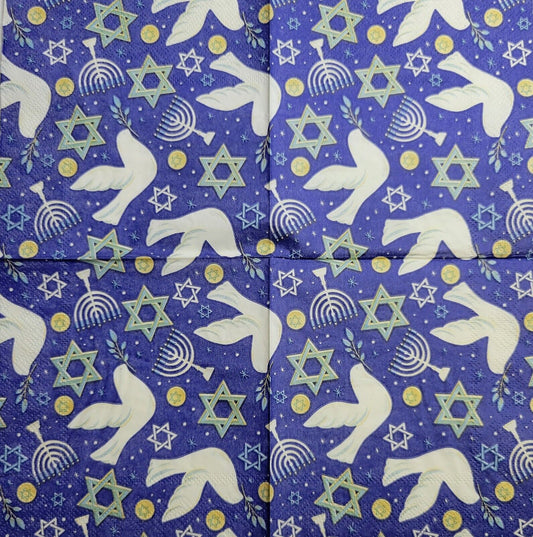 TWO Individual Paper Cocktail Decoupage Napkins - 2565 Blue Hannukah