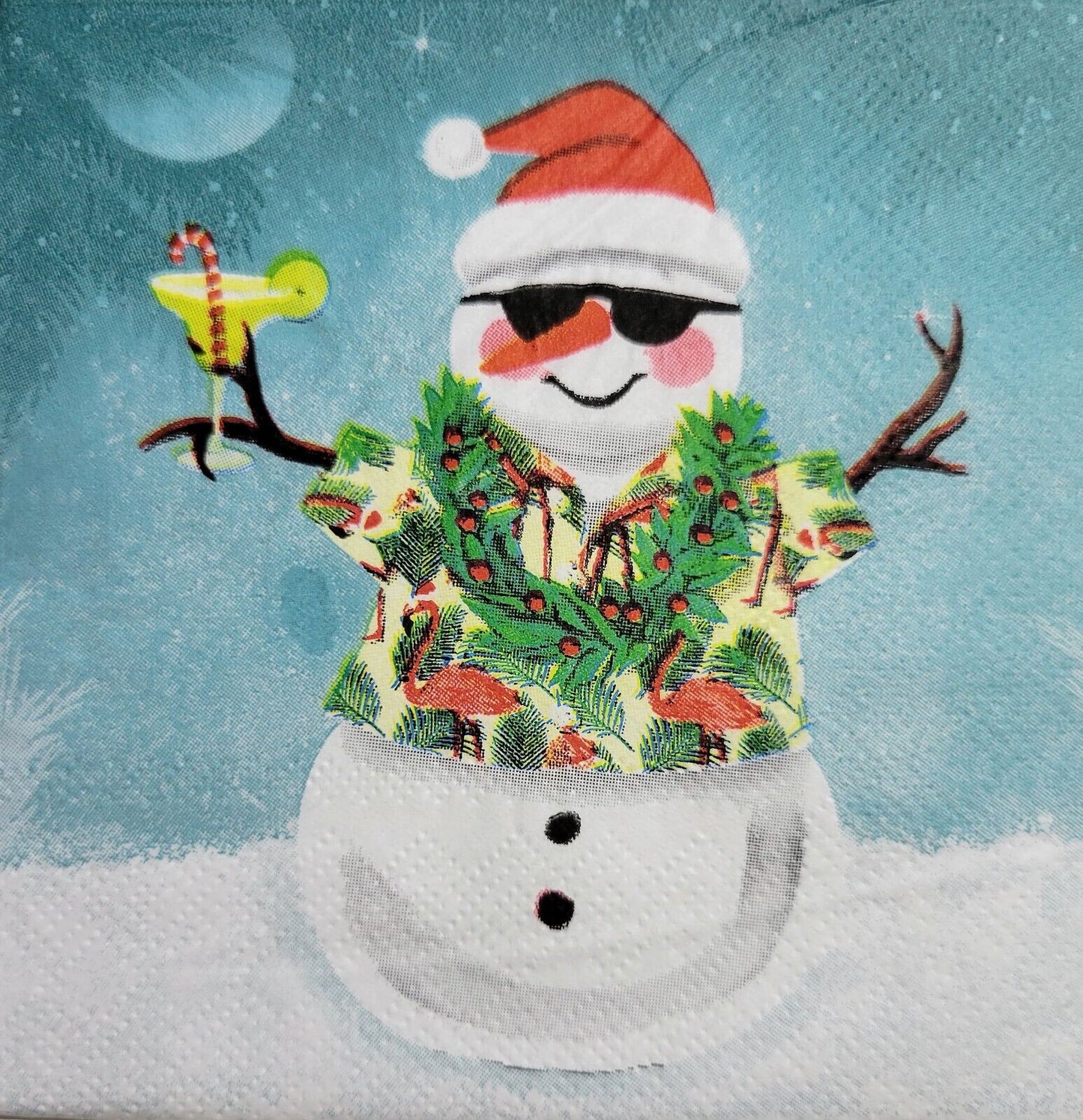 2 Individual Paper Cocktail Decoupage Napkins - 2556 Holiday Snowman w Cocktail