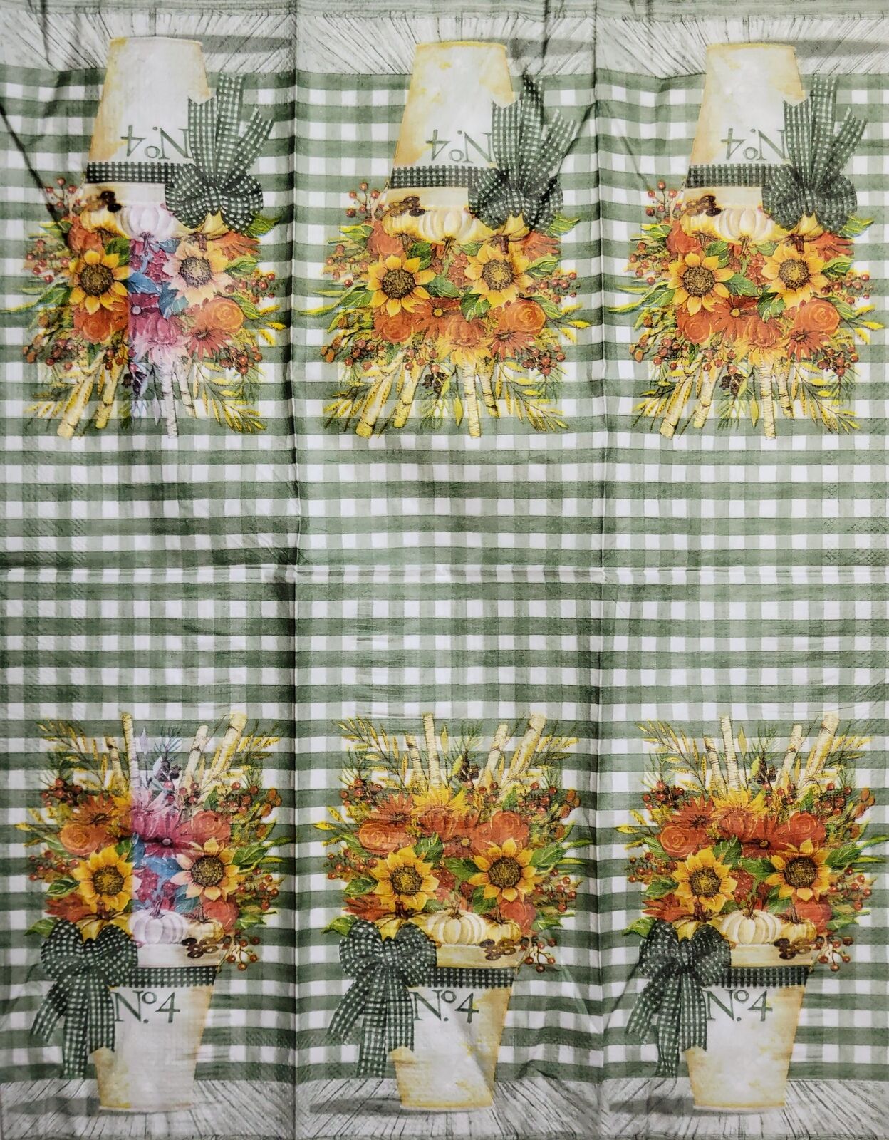 TWO Individual Paper Guest Decoupage Napkins - 2503 Green Check Fall Flower Pot