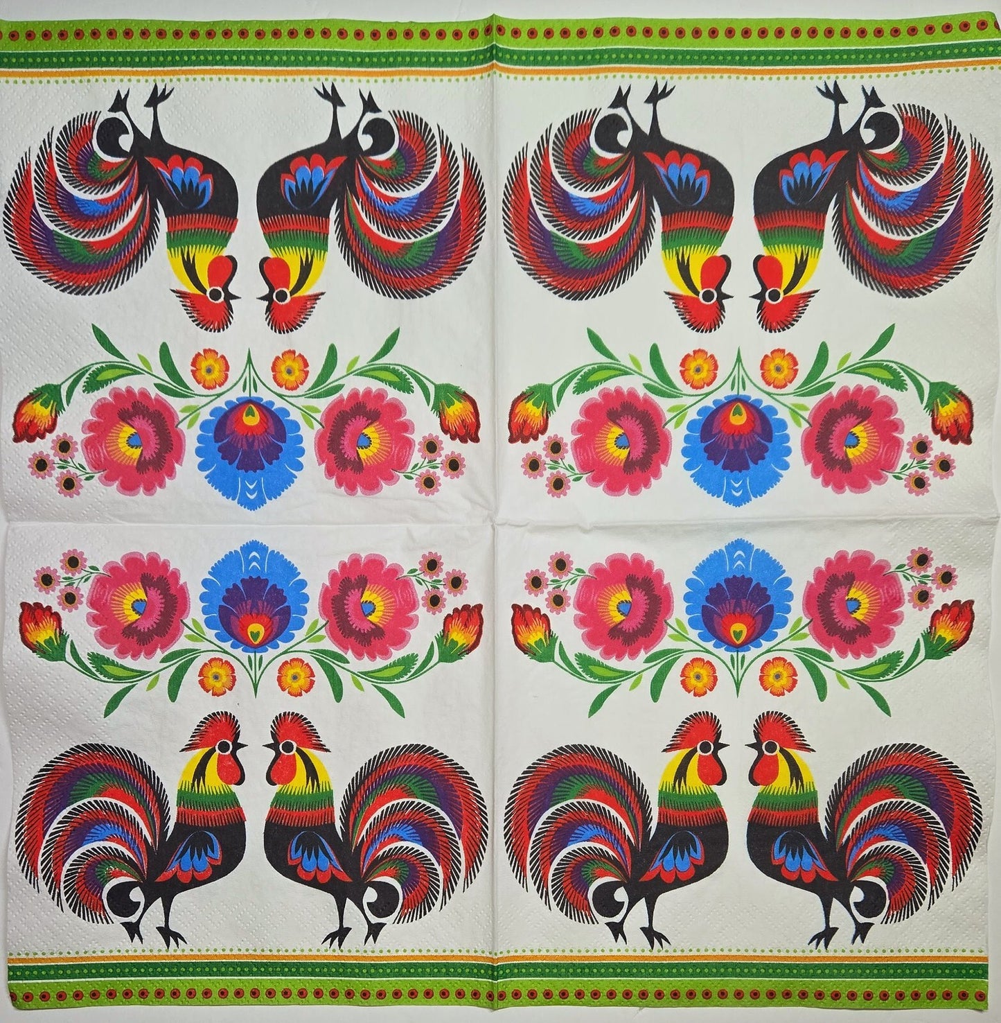 TWO Individual Paper Lunch Decoupage Napkins - 2791 Two Folk Roosters
