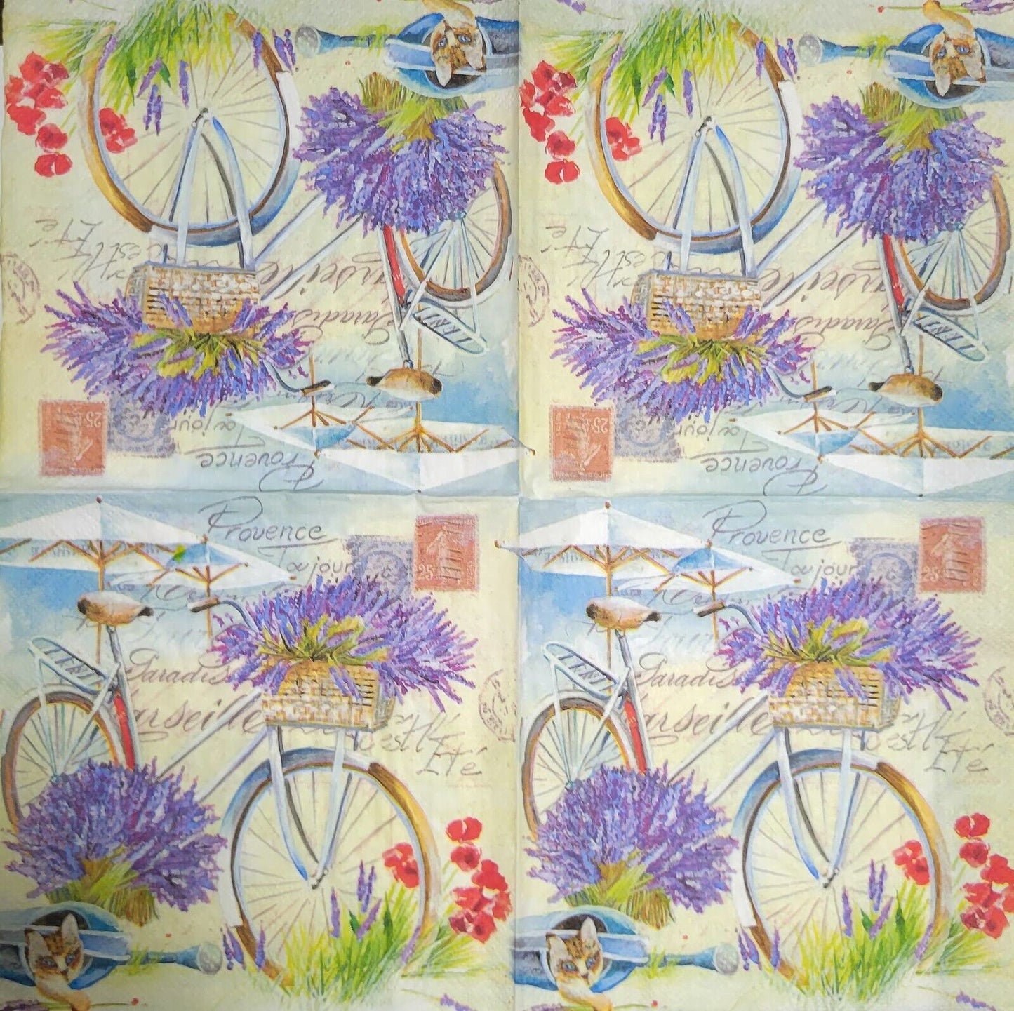 TWO Individual Paper Lunch Decoupage Napkins - 2436 Traveling Lavender Bicycle