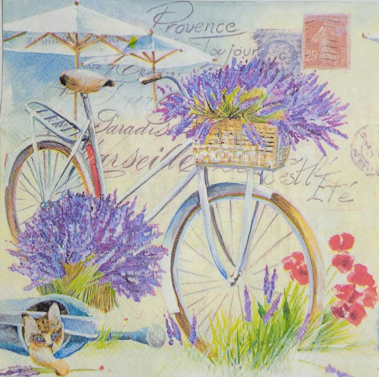 TWO Individual Paper Lunch Decoupage Napkins - 2436 Traveling Lavender Bicycle