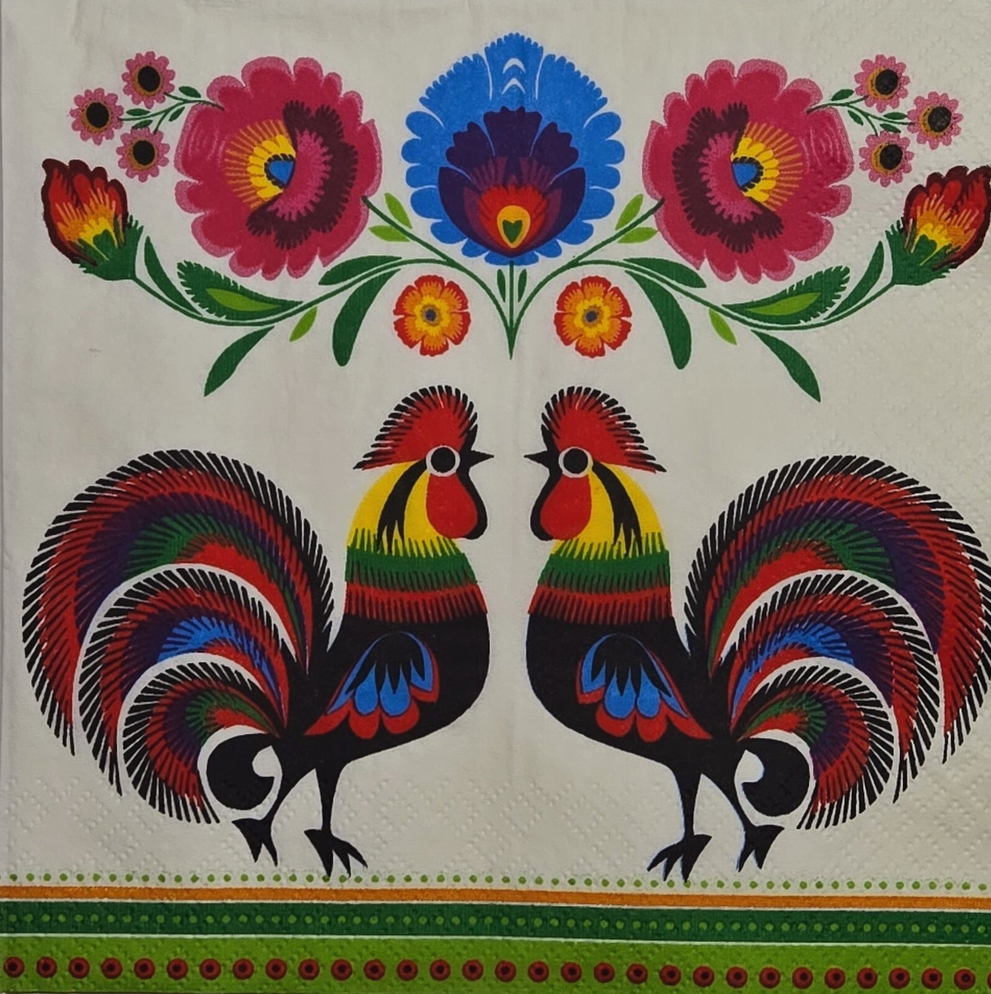 TWO Individual Paper Lunch Decoupage Napkins - 2791 Two Folk Roosters