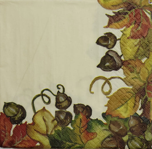 2 Individual Paper Cocktail Decoupage Napkins - 2492 Acorns & Leafy Vines