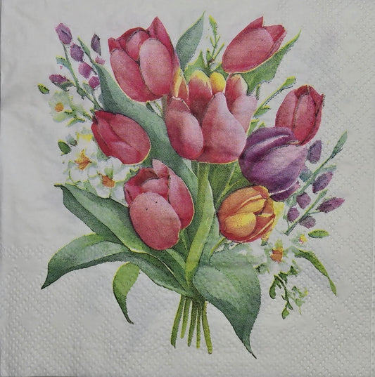 TWO Individual Paper Cocktail Decoupage Napkins - 2632 Summer Tulip Bouquet