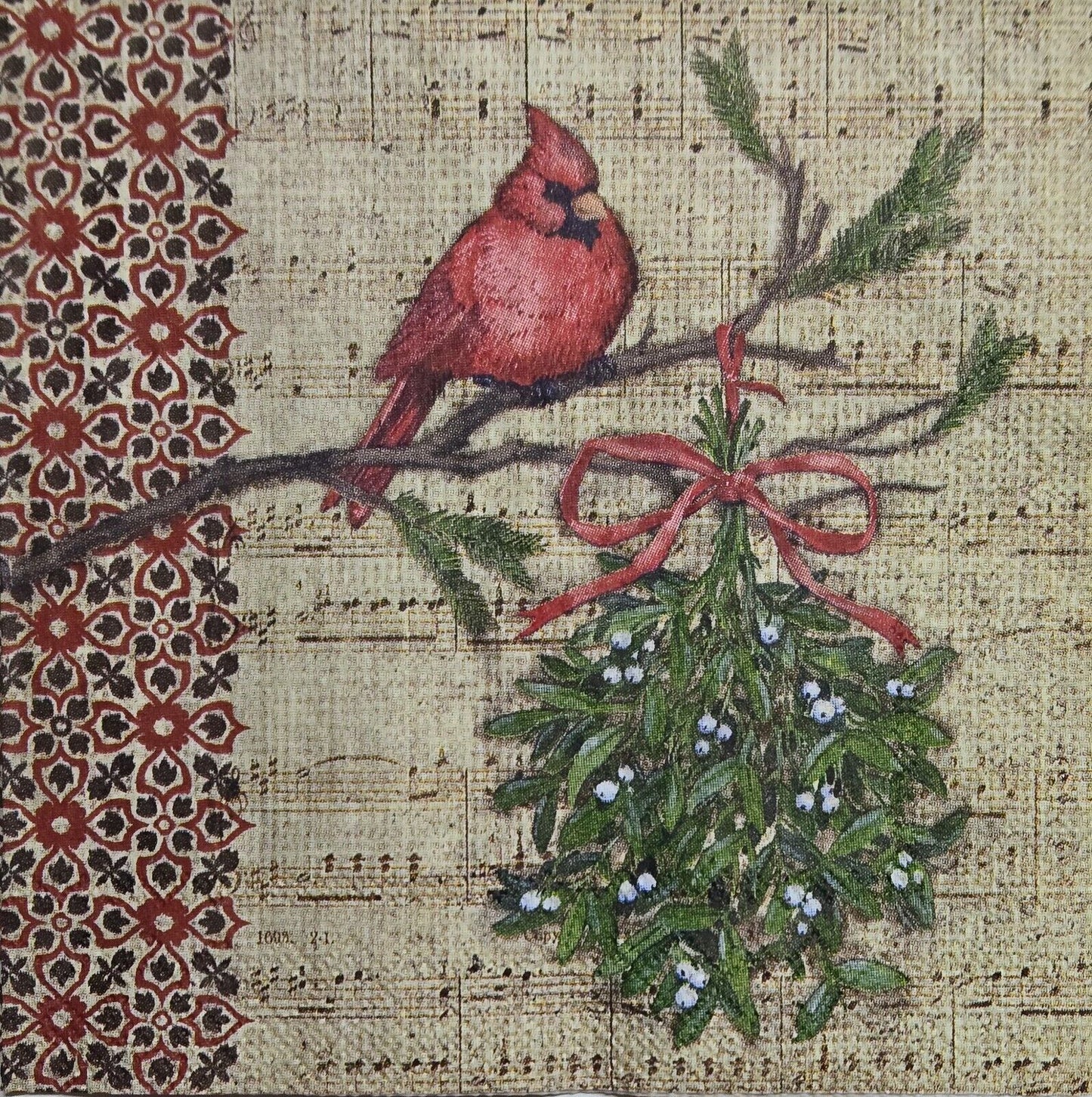 TWO Individual Paper Cocktail Decoupage Napkins - 2576 Burlap Christmas Cardinal