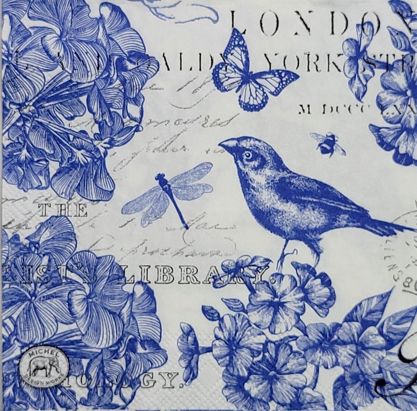 TWO Individual Paper Cocktail Decoupage Napkins - 2443 Blue Indigo Cotton Birds