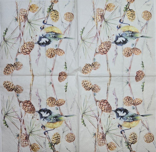 TWO Individual Paper Cocktail Decoupage Napkins - 2577 Bird on Pinecone Branch