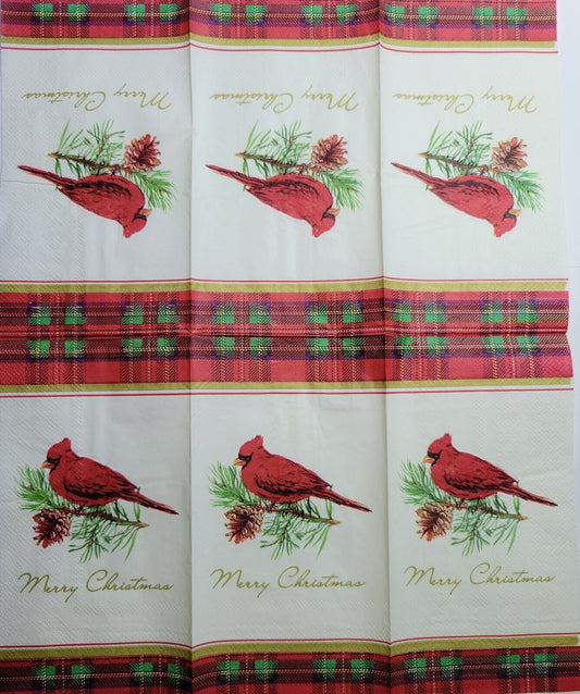 TWO Individual Paper Guest Decoupage Napkins - 2537 Plaid Christmas Cardinal