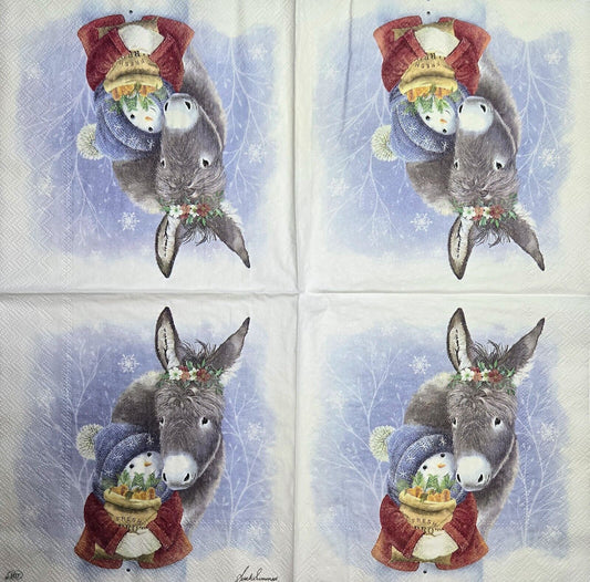 TWO Individual Paper Lunch Decoupage Napkins - 2594 Christmas Donkey and Snowman