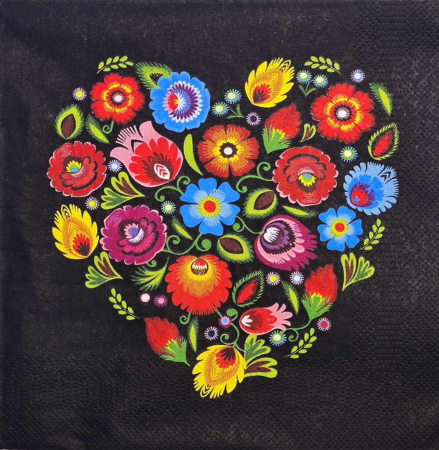 TWO Individual Paper Lunch Decoupage Napkins - 2792 Lowicz Folk Heart on Black