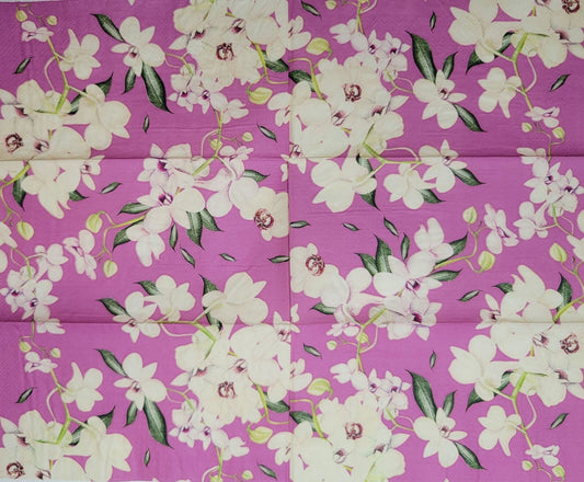 TWO Individual Paper Guest Decoupage Napkins- 2425 White & Purple Floral Romance