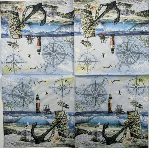 TWO Individual Paper Cocktail Decoupage Napkins- Anchorage Lighthouse Beach 1317