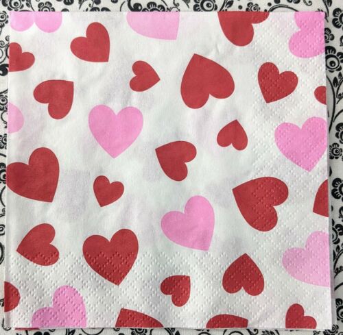 TWO Individual Paper Cocktail Decoupage Napkins - Red/Pink Valentine Hearts 1105