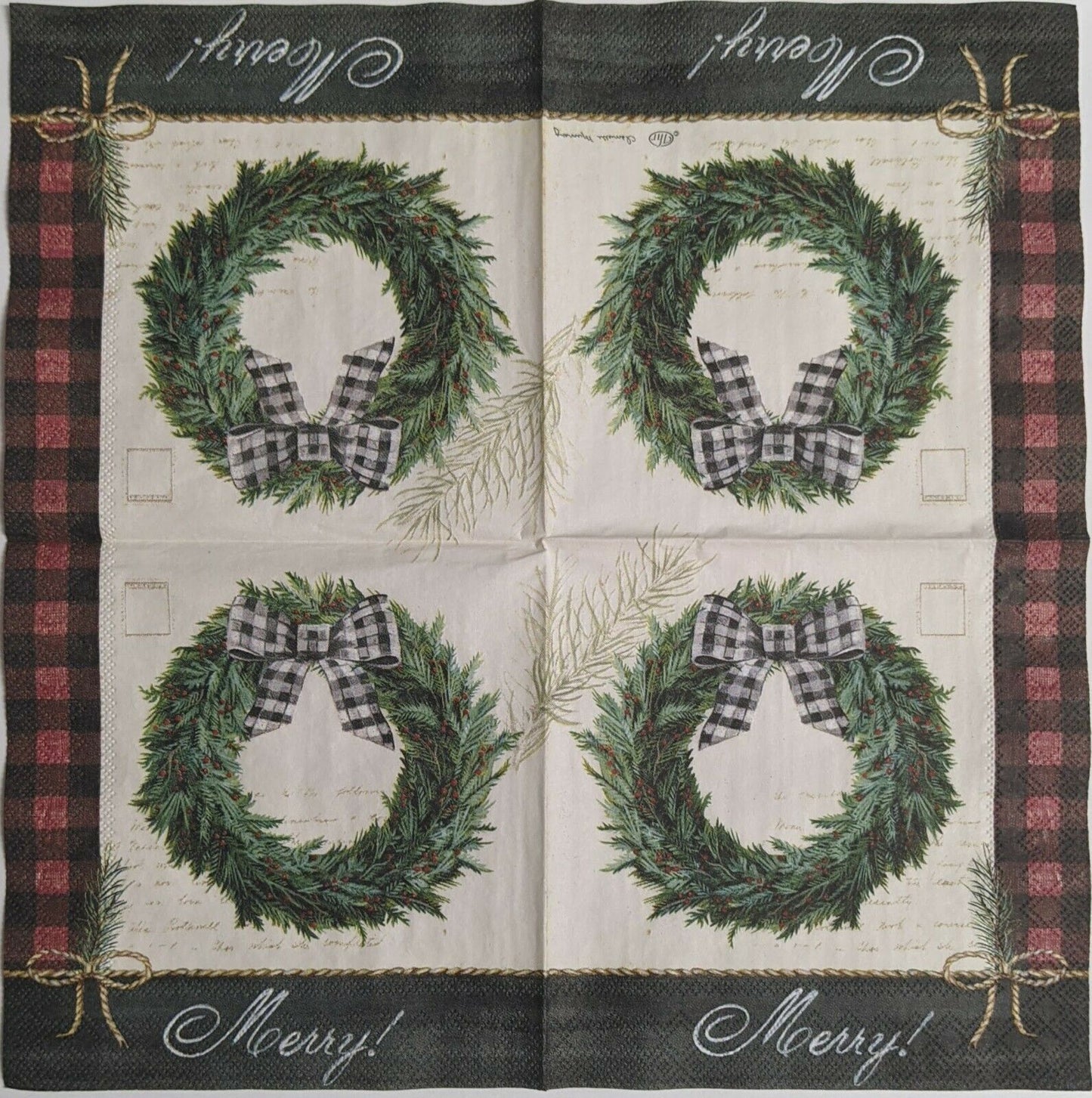 2 Individual Paper Cocktail Decoupage Napkins-Cozy Holiday Wreath Checkered 1082