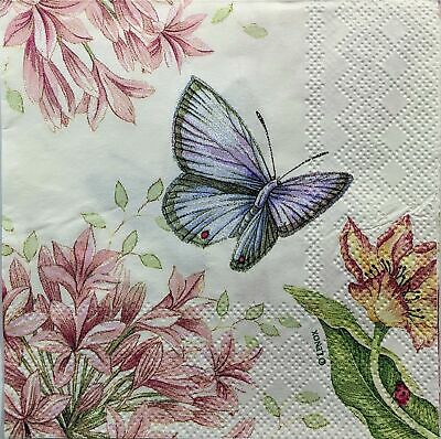 TWO Individual Paper Cocktail Decoupage Napkins - 1424 Butterfly in Pink Meadow