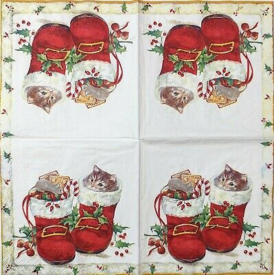 2 Indivdual Paper Cocktail Decoupage Napkins-1700 Mouse & Kitten Christmas Boots