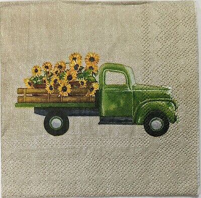 TWO Individual Paper Cocktail Decoupage Napkins - 1553 Green Fall Truck