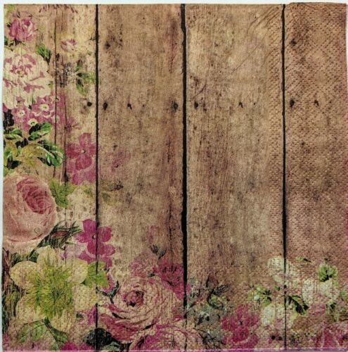 TWO Individual Paper Lunch Decoupage Napkins - Wood Fence Floral Pink 1126