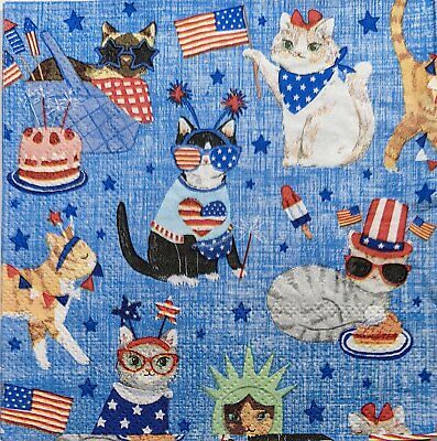 TWO Individual Paper Cocktail Decoupage Napkins - 1985 Patriotic Cats