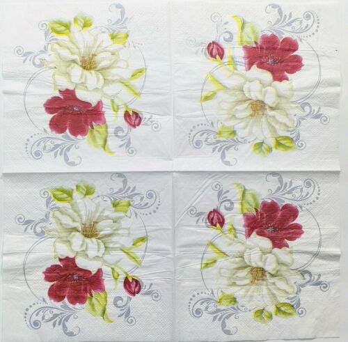 2 Individual Paper Lunch Decoupage Napkins-Red & White Floral /Swirled Back 1104