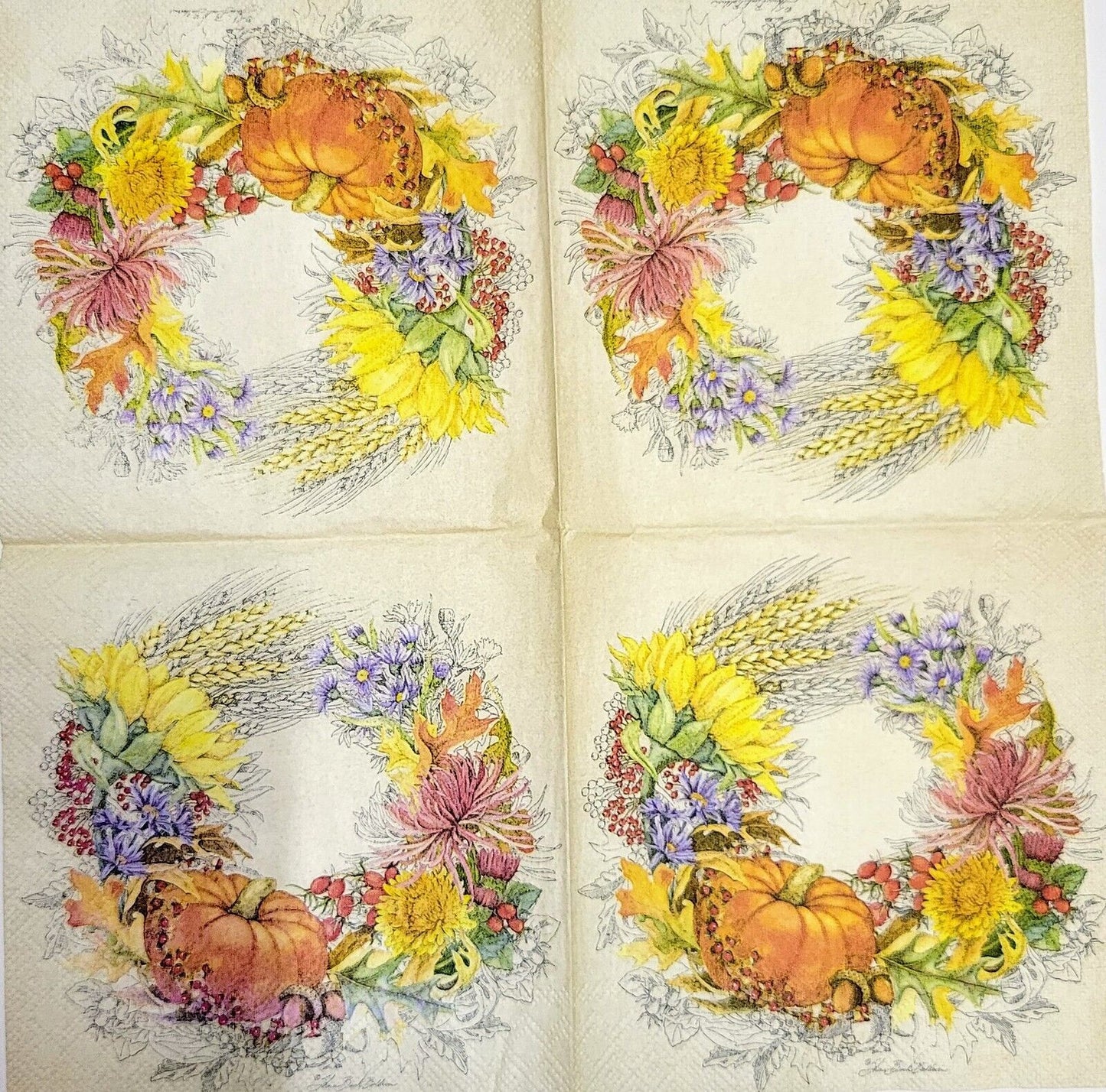 2 Individual Paper Cocktail Decoupage Napkins- 2078 Harvest Wreath Cream