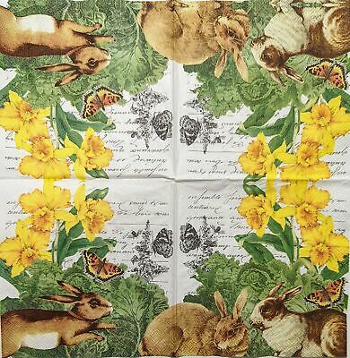 TWO Individual Paper Cocktail Decoupage Napkins - 1897 Bunnies in Cabbage Patch