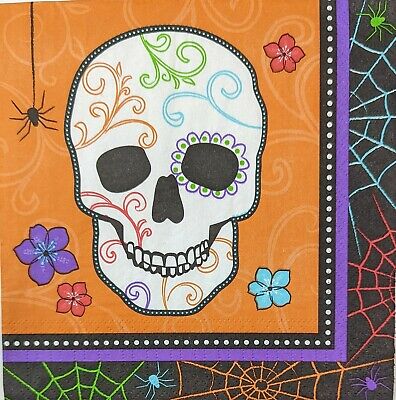 TWO Individual Paper Lunch Decoupage Napkins - 1704 Halloween Skulls & Webs