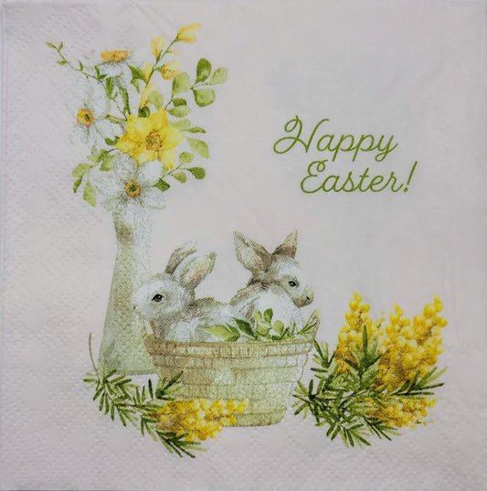 TWO Individual Paper Cocktail Decoupage Napkins - 2363 Happy Easter Bunny Basket