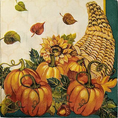 TWO Individual Paper Lunch Decoupage Napkins - 1605 Thanksgiving Cornucopia