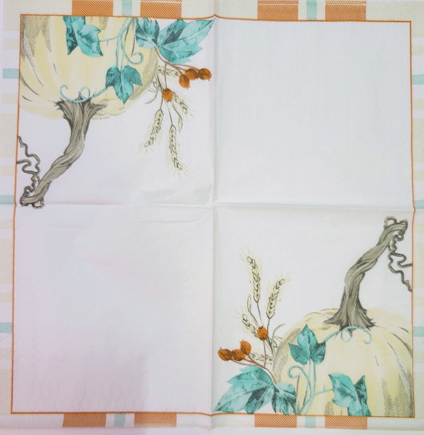 TWO Individual Paper Cocktail Decoupage Napkins - 2168 Cream Pumpkin w Turquoise