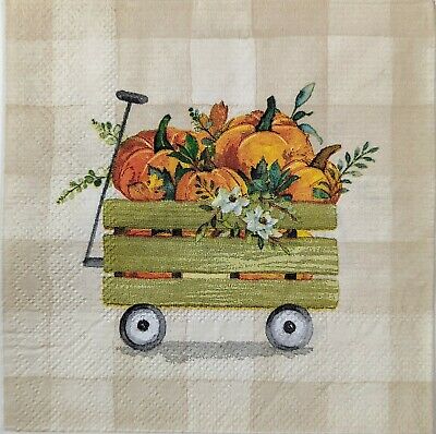 TWO Individual Paper Cocktail Decoupage Napkins - 1671 Pumpkin Wagon