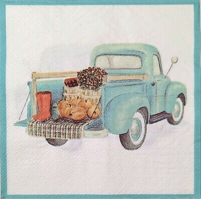 TWO Individual Paper Lunch Decoupage Napkins - 1713 Teal Autumn Truck