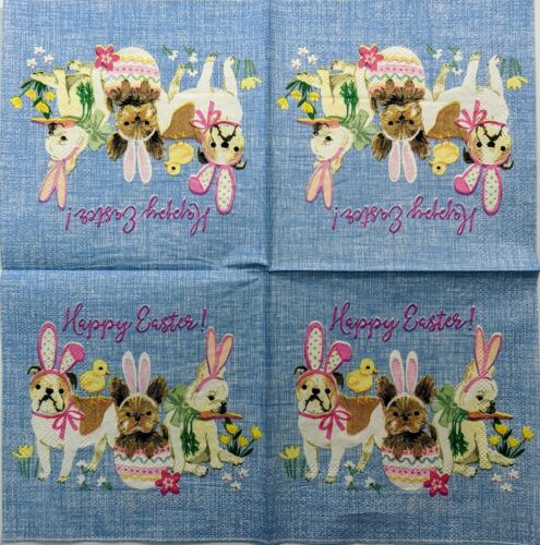 TWO Individual Paper Cocktail Decoupage Napkins - Denim Dog Easter Bunnies 1214