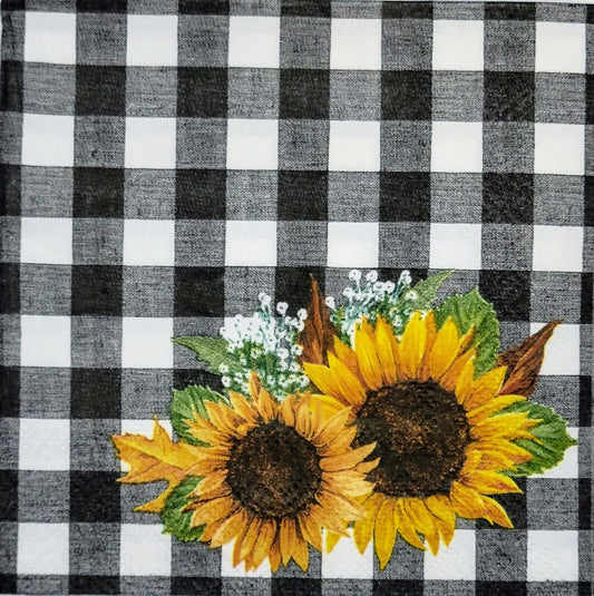 2 Individual Paper Cocktail Decoupage Napkins - 2086 Sunflower Check Fall Party