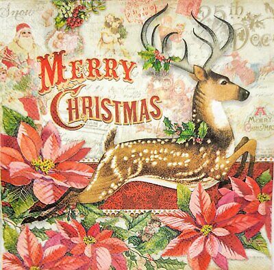 TWO Individual Paper Lunch Decoupage Napkins - 2043 Merry Christmas Reindeer