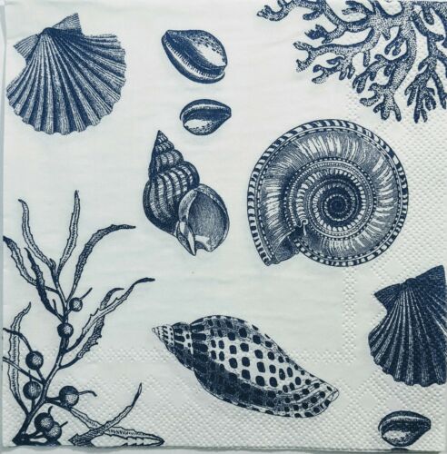 TWO Individual Paper Lunch Decoupage Napkins - Blue Seashell Shore 1329