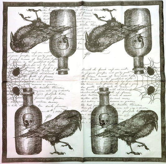 TWO Individual Paper Lunch Decoupage Napkins - 2153 Scripted Raven Poison Bottle