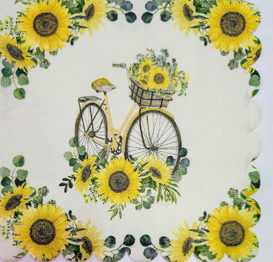 2 Individual Paper Cocktail Decoupage Napkins - 2172 Scalloped Sunflower Bicycle