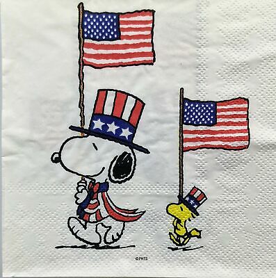 TWO Individual Paper Cocktail Decoupage Napkins- 1401 Patriotic Snoopy Woodstock