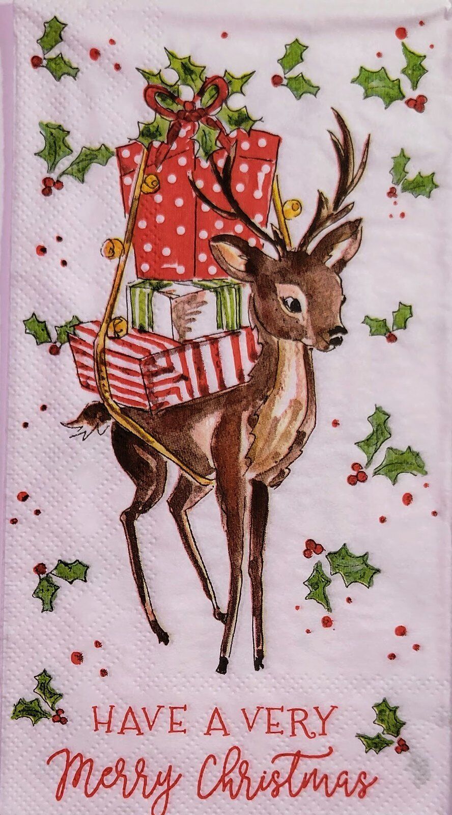 TWO Individual Paper Guest Decoupage Napkins - 2266 Merry Little Deer with Gifts