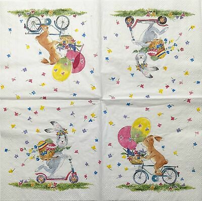 TWO Individual Paper Cocktail Decoupage Napkins - 1860 Easter Bunny Bicycle Ride